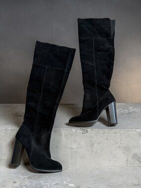 ALDO Black Suede Zip Block Heels Boots Size 37 / US 7